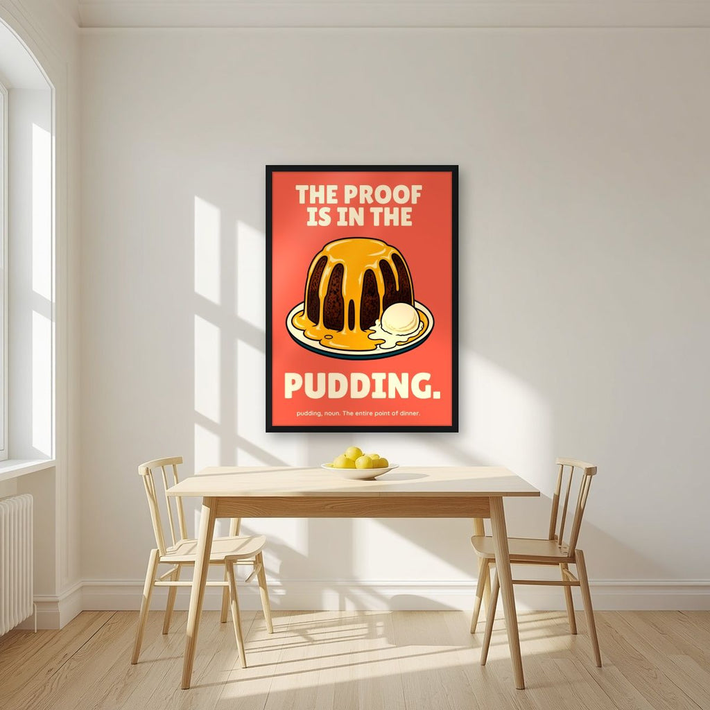 The Proof Is In The Pudding – Sunset Coral art print, in a black frame, styled in a kitchen