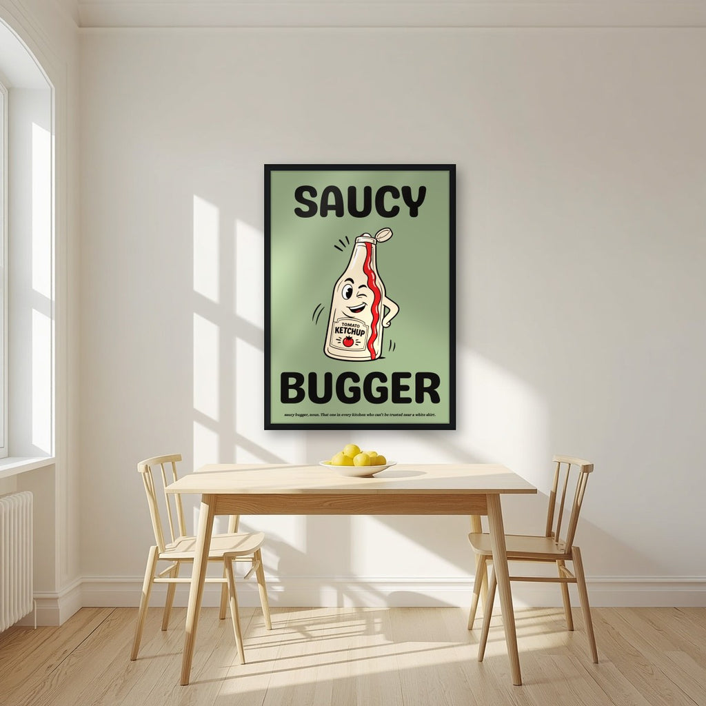 Saucy Bugger – Allotment Sage art print, in a black frame, styled in a kitchen