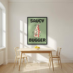 Saucy Bugger – Allotment Sage art print, in a black frame, styled in a kitchen