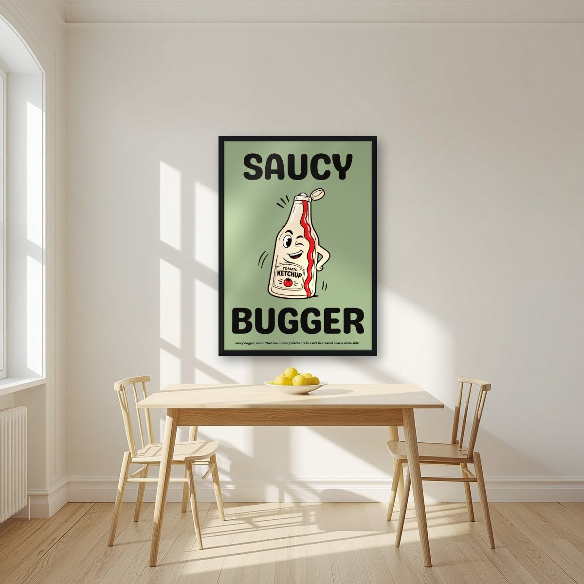 Saucy Bugger – Allotment Sage art print, in a black frame, styled in a kitchen