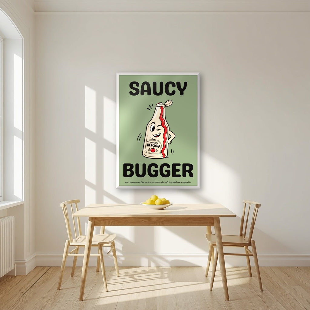 Saucy Bugger – Allotment Sage art print, in a white frame, styled in a kitchen