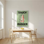 Saucy Bugger – Allotment Sage art print, in a white frame, styled in a kitchen