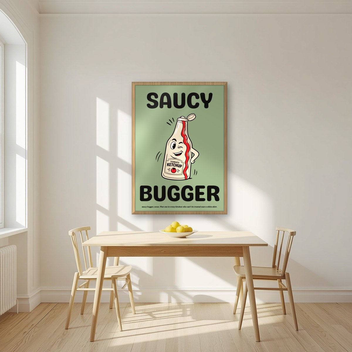 Saucy Bugger – Allotment Sage art print, in an oak frame, styled in a kitchen