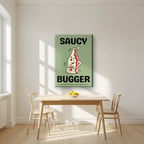 Saucy Bugger – Allotment Sage art print, on slim canvas, styled in a kitchen