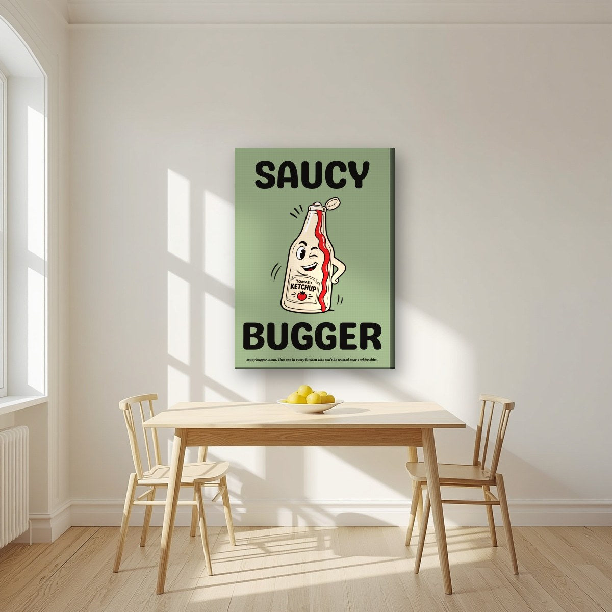 Saucy Bugger – Allotment Sage art print, on slim canvas, styled in a kitchen