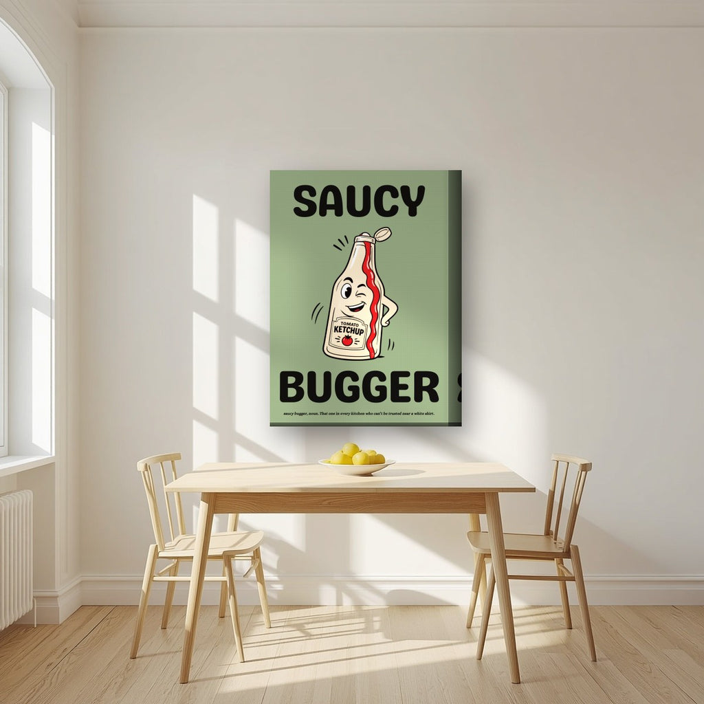 Saucy Bugger – Allotment Sage art print, on thick canvas, styled in a kitchen