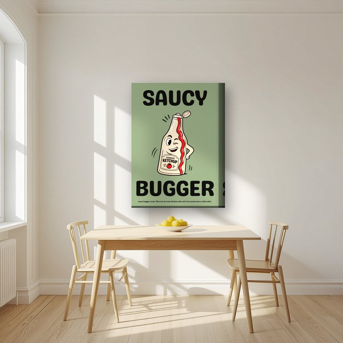 Saucy Bugger – Allotment Sage art print, on thick canvas, styled in a kitchen