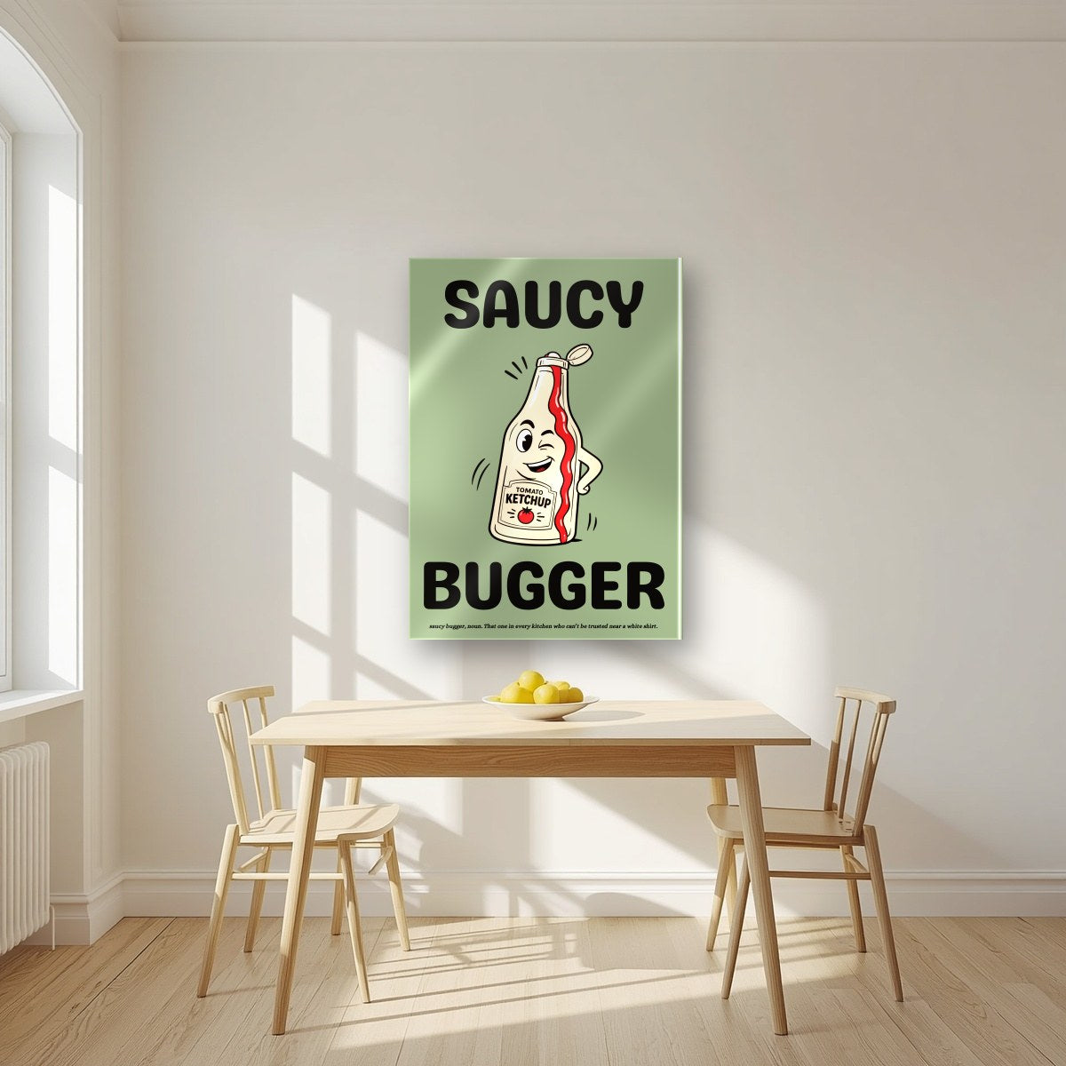 Saucy Bugger – Allotment Sage art print, as an acrylic print, styled in a kitchen
