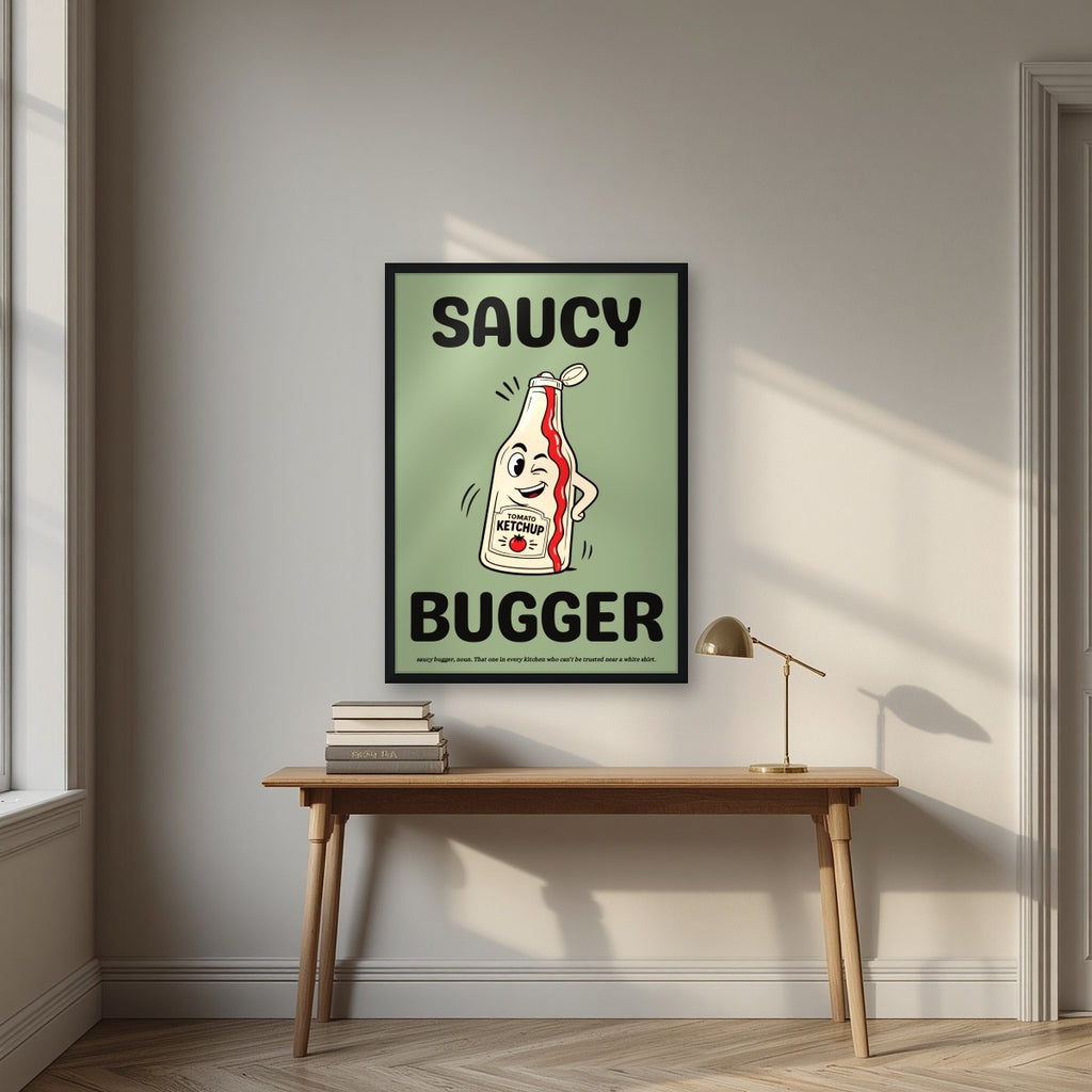 Saucy Bugger – Allotment Sage art print, in a black frame, styled in a desk
