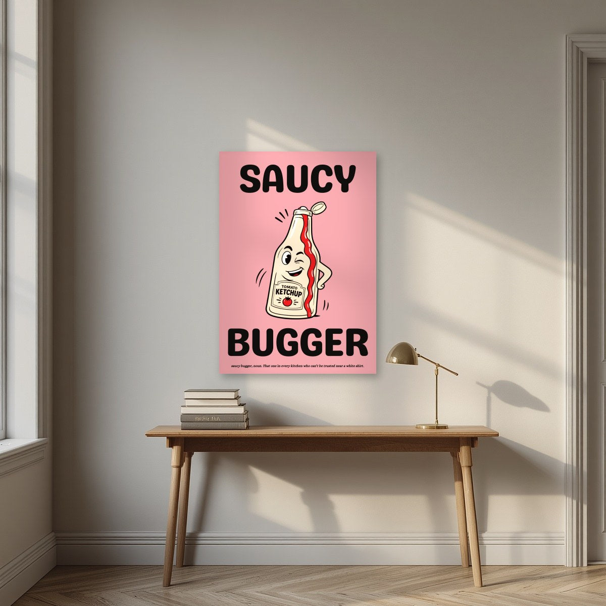 Saucy Bugger – Candyfloss Pink art print, unframed poster, styled in a desk