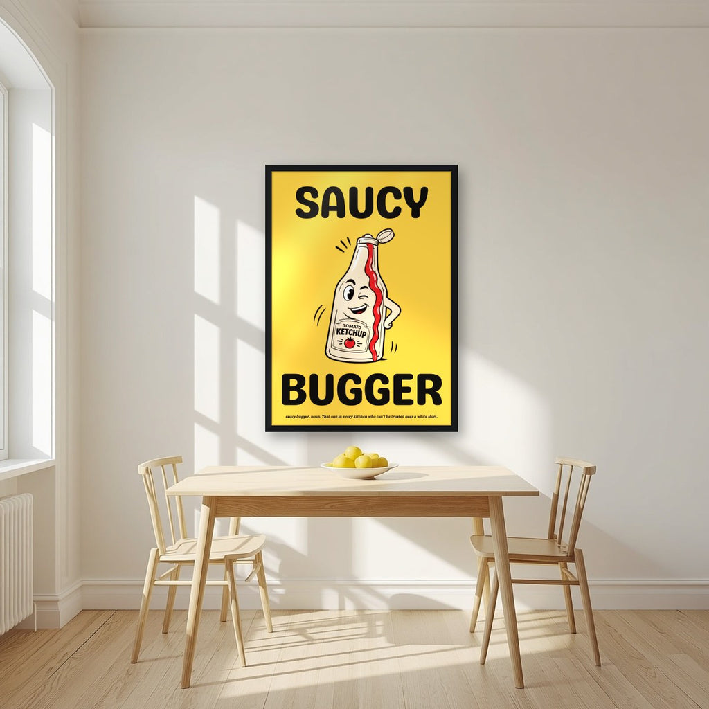 Saucy Bugger – Chippy Gold art print, in a black frame, styled in a kitchen