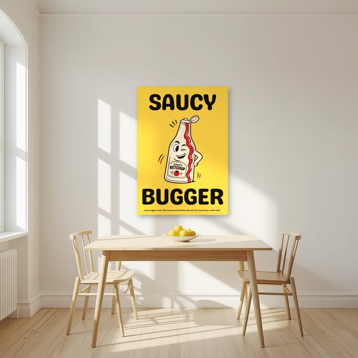 Saucy Bugger – Chippy Gold art print, unframed poster, styled in a kitchen