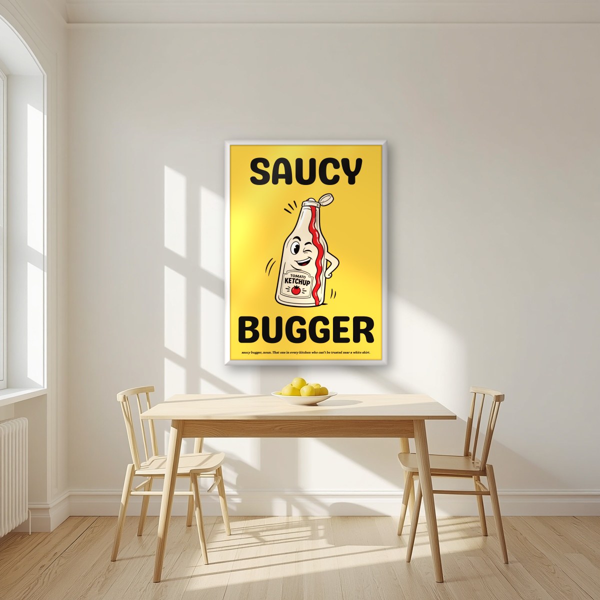 Saucy Bugger – Chippy Gold art print, in a white frame, styled in a kitchen