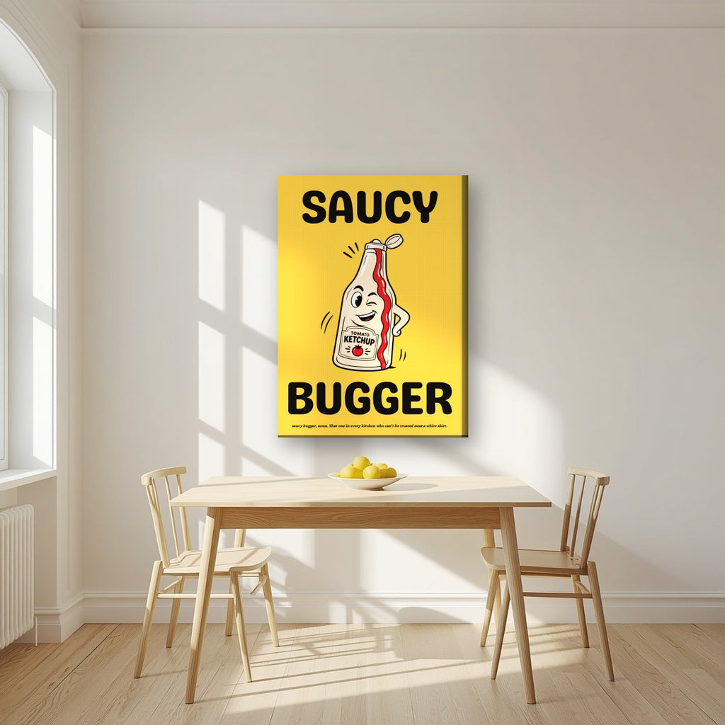 Saucy Bugger – Chippy Gold art print, on slim canvas, styled in a kitchen