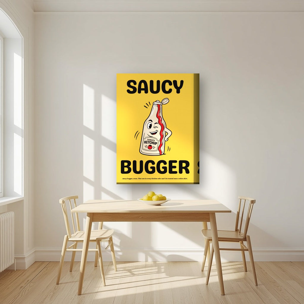 Saucy Bugger – Chippy Gold art print, on thick canvas, styled in a kitchen