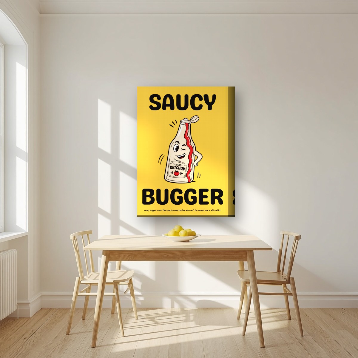Saucy Bugger – Chippy Gold art print, on thick canvas, styled in a kitchen