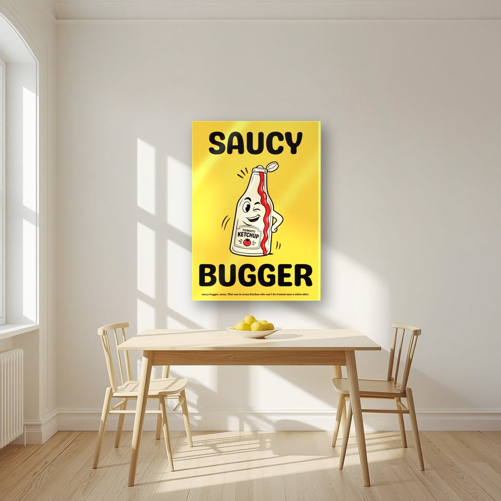 Saucy Bugger – Chippy Gold art print, as an acrylic print, styled in a kitchen