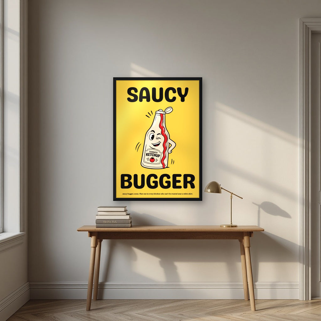 Saucy Bugger – Chippy Gold art print, in a black frame, styled in a desk