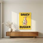 Saucy Bugger – Chippy Gold art print, unframed poster, styled in a living room