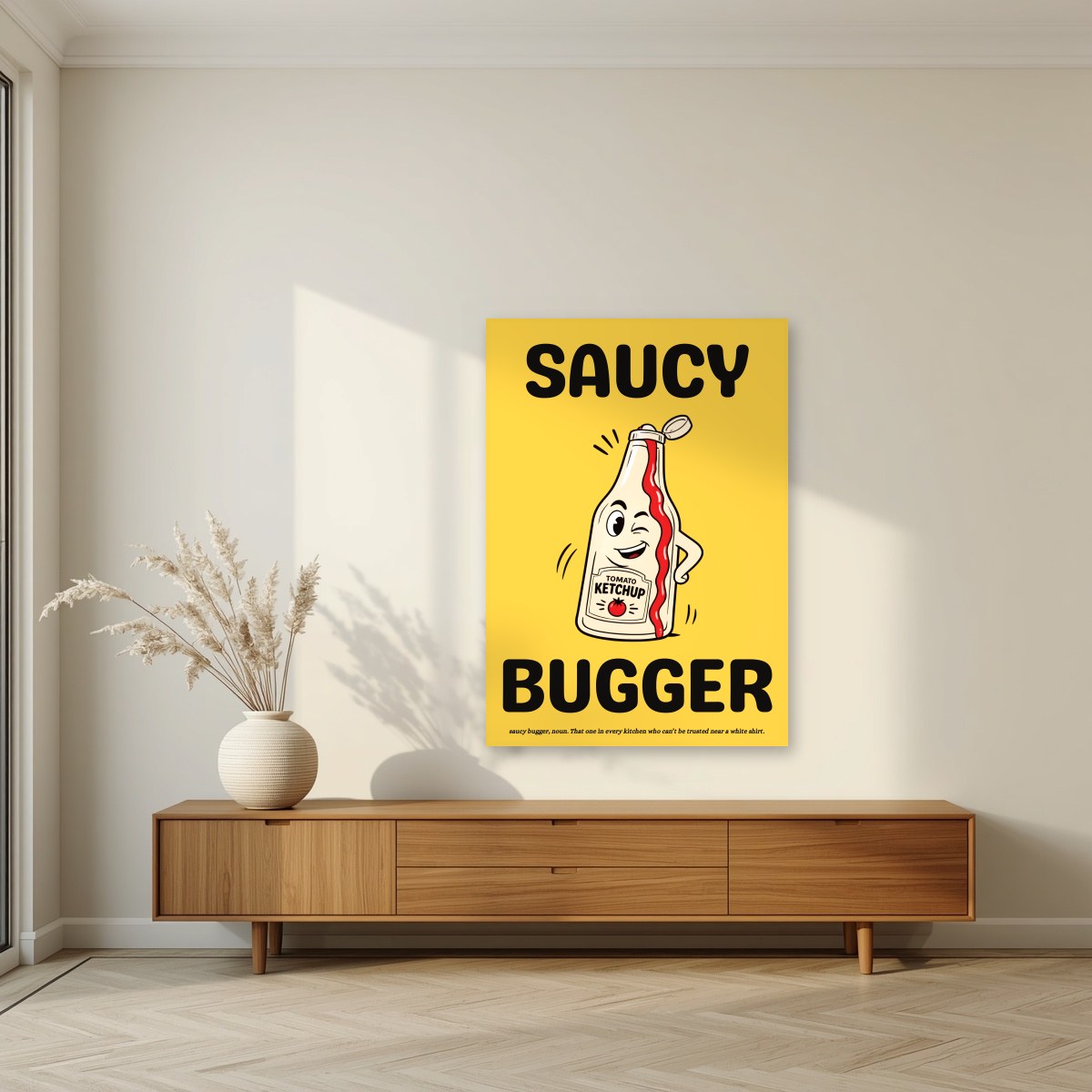 Saucy Bugger – Chippy Gold art print, unframed poster, styled in a living room