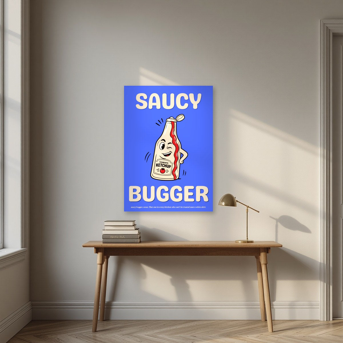 Saucy Bugger – Deckchair Blue art print, unframed poster, styled in a desk