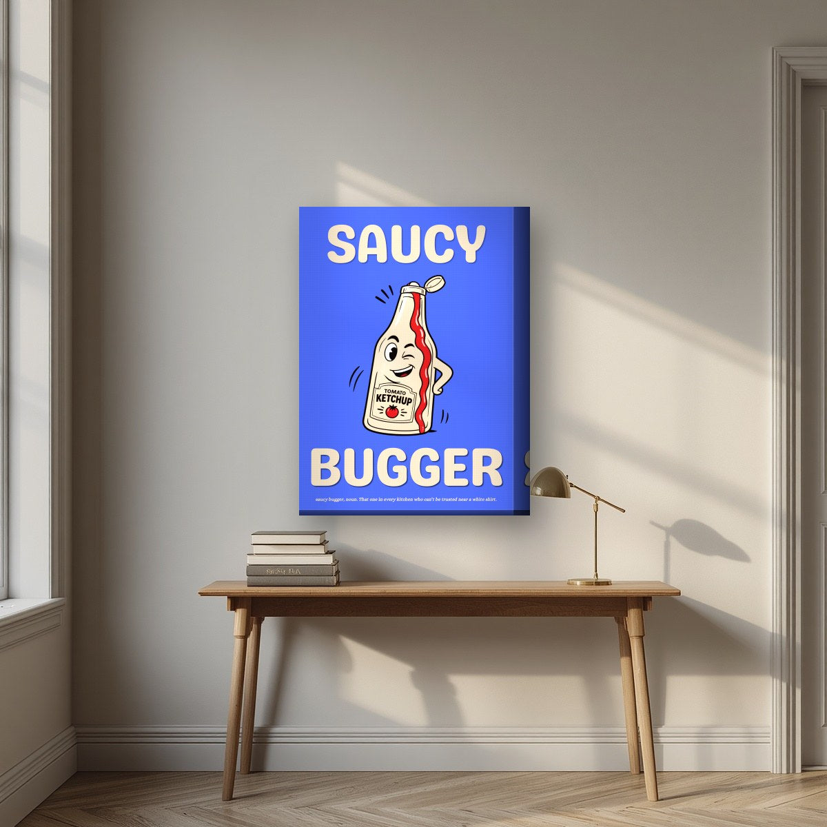 Saucy Bugger – Deckchair Blue art print, on thick canvas, styled in a desk