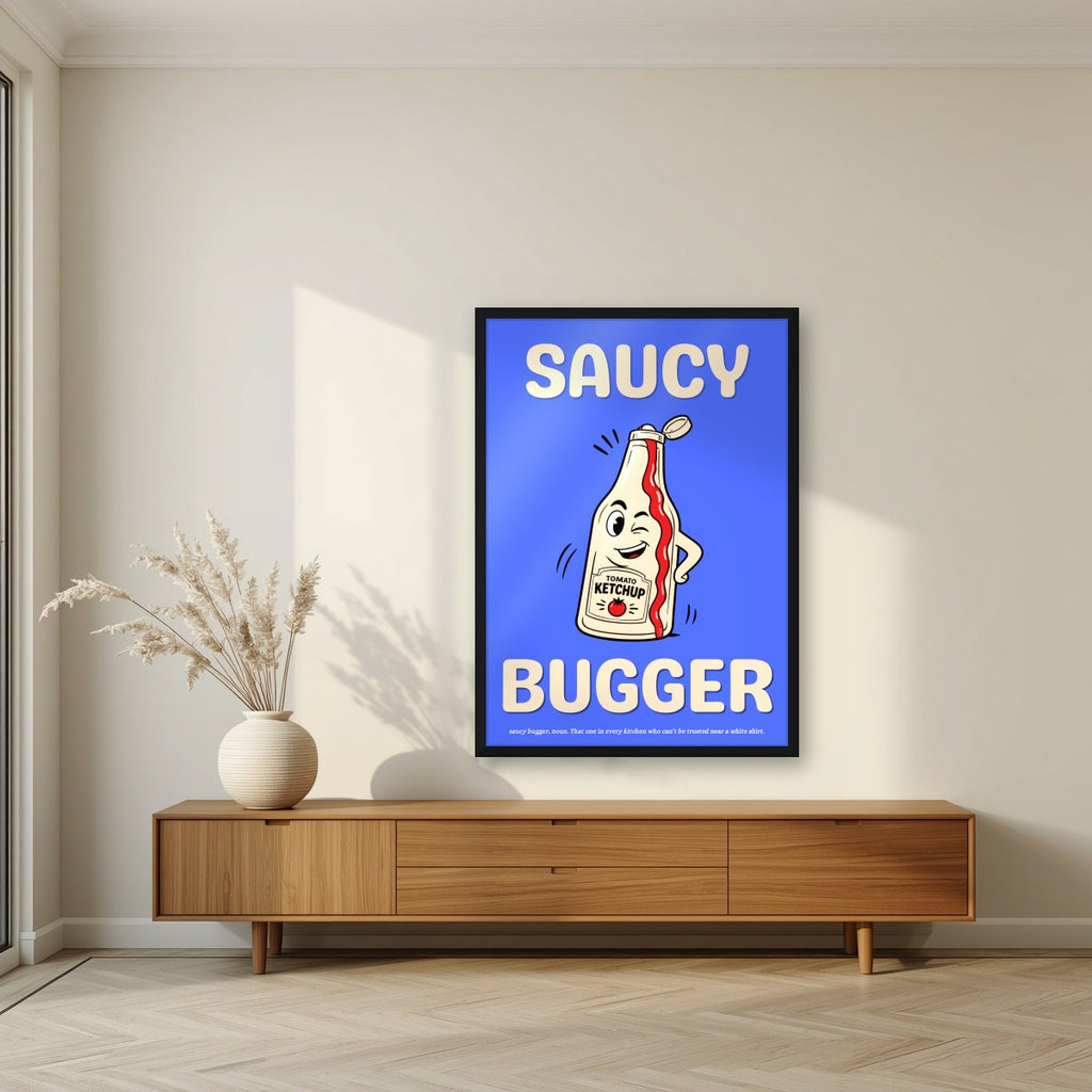 Saucy Bugger – Deckchair Blue art print, in a black frame, styled in a living room