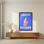 Saucy Bugger – Deckchair Blue art print, in a black frame, styled in a living room