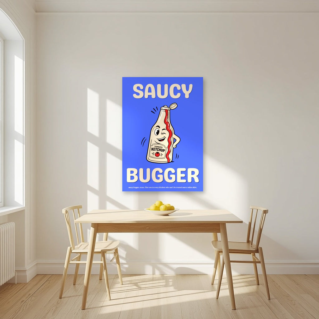 Saucy Bugger – Deckchair Blue art print, unframed poster, styled in a kitchen