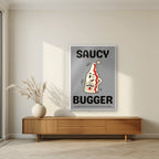 Saucy Bugger – Pebble Grey art print, in a white frame, styled in a living room
