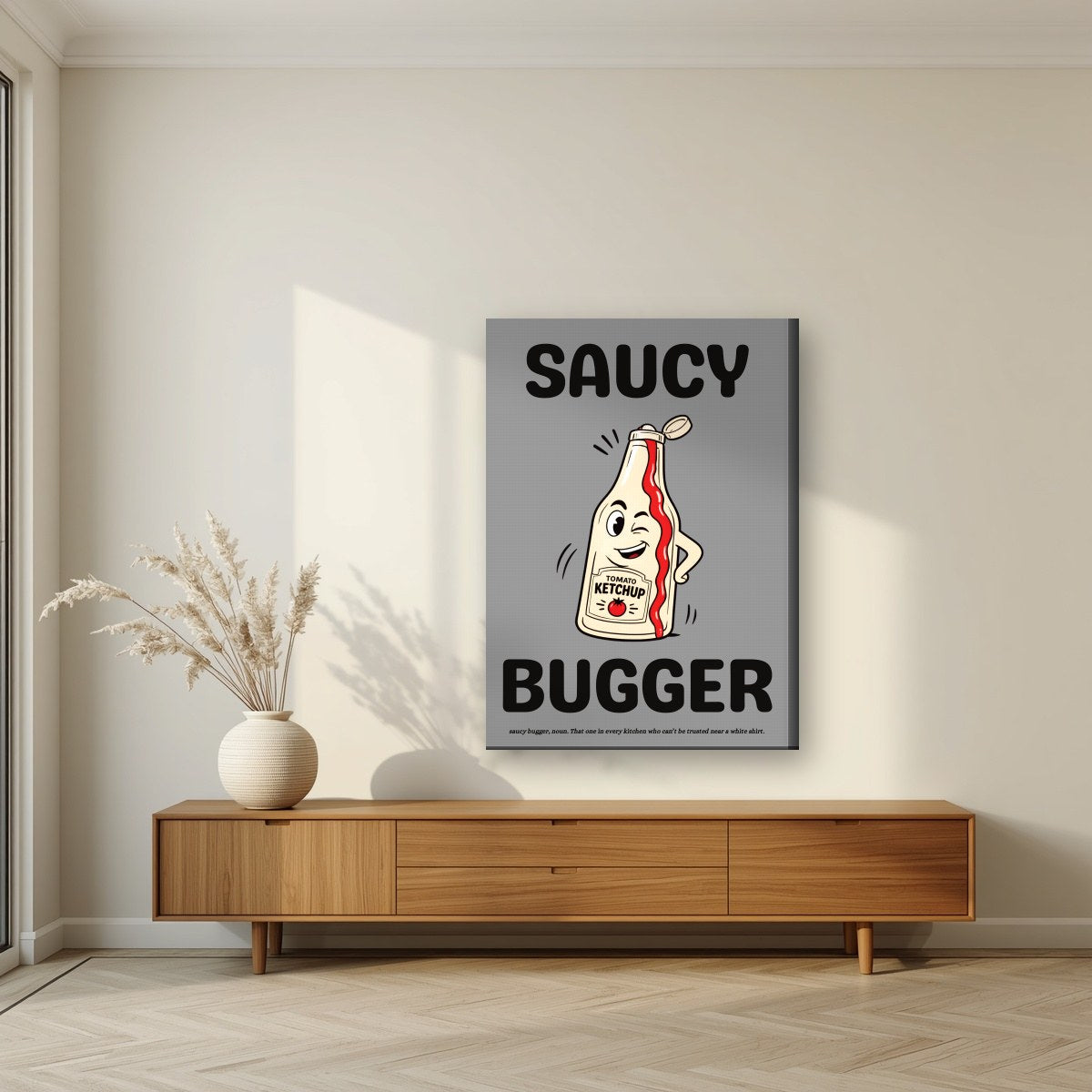 Saucy Bugger – Pebble Grey art print, on slim canvas, styled in a living room