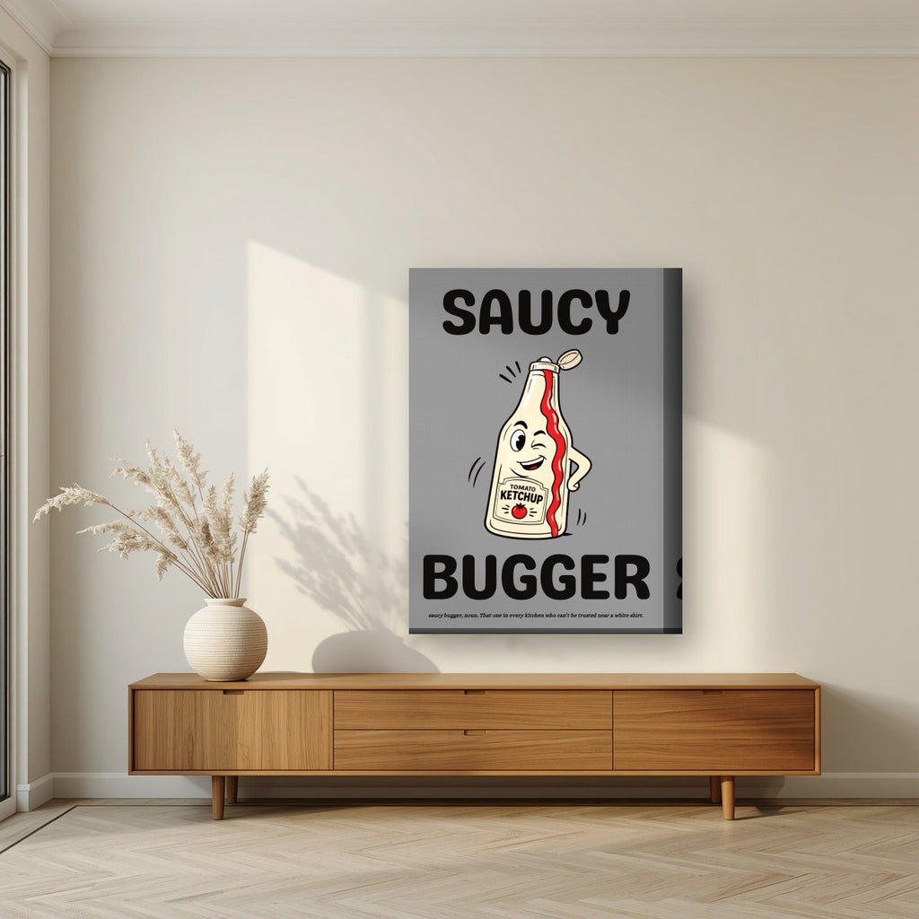 Saucy Bugger – Pebble Grey art print, on thick canvas, styled in a living room
