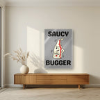 Saucy Bugger – Pebble Grey art print, as an acrylic print, styled in a living room