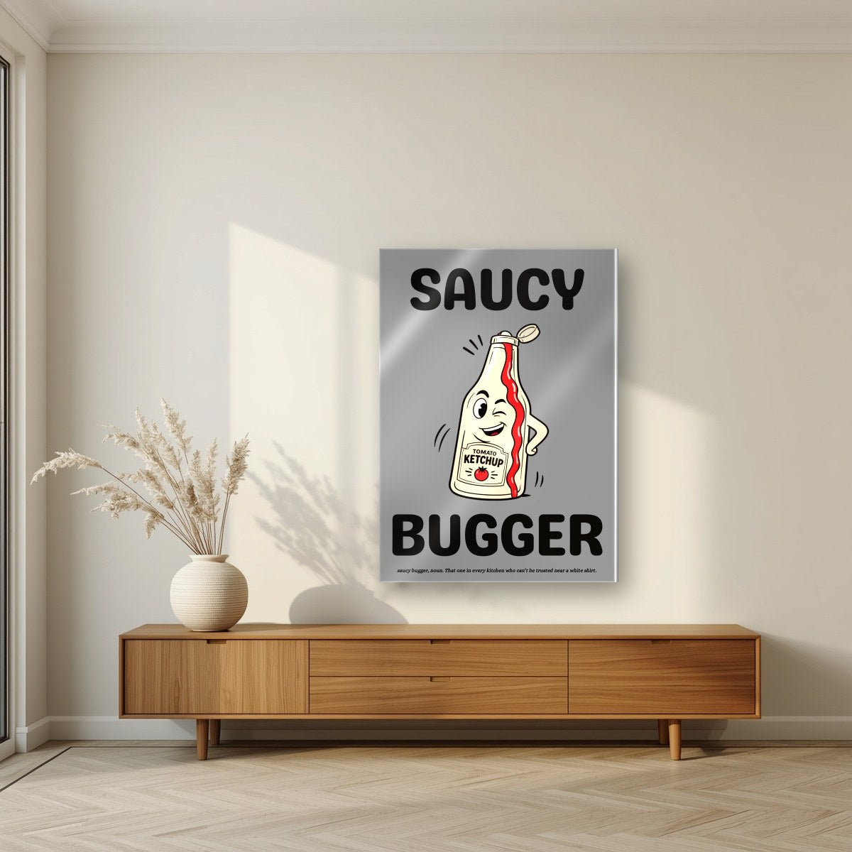 Saucy Bugger – Pebble Grey art print, as an acrylic print, styled in a living room