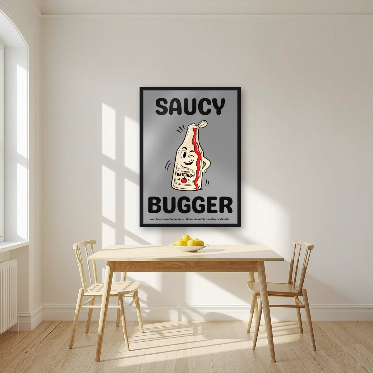 Saucy Bugger – Pebble Grey art print, in a black frame, styled in a kitchen