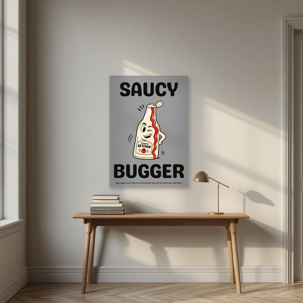 Saucy Bugger – Pebble Grey art print, unframed poster, styled in a desk
