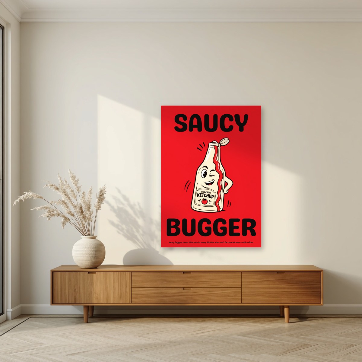 Saucy Bugger – Postbox Red art print, unframed poster, styled in a living room