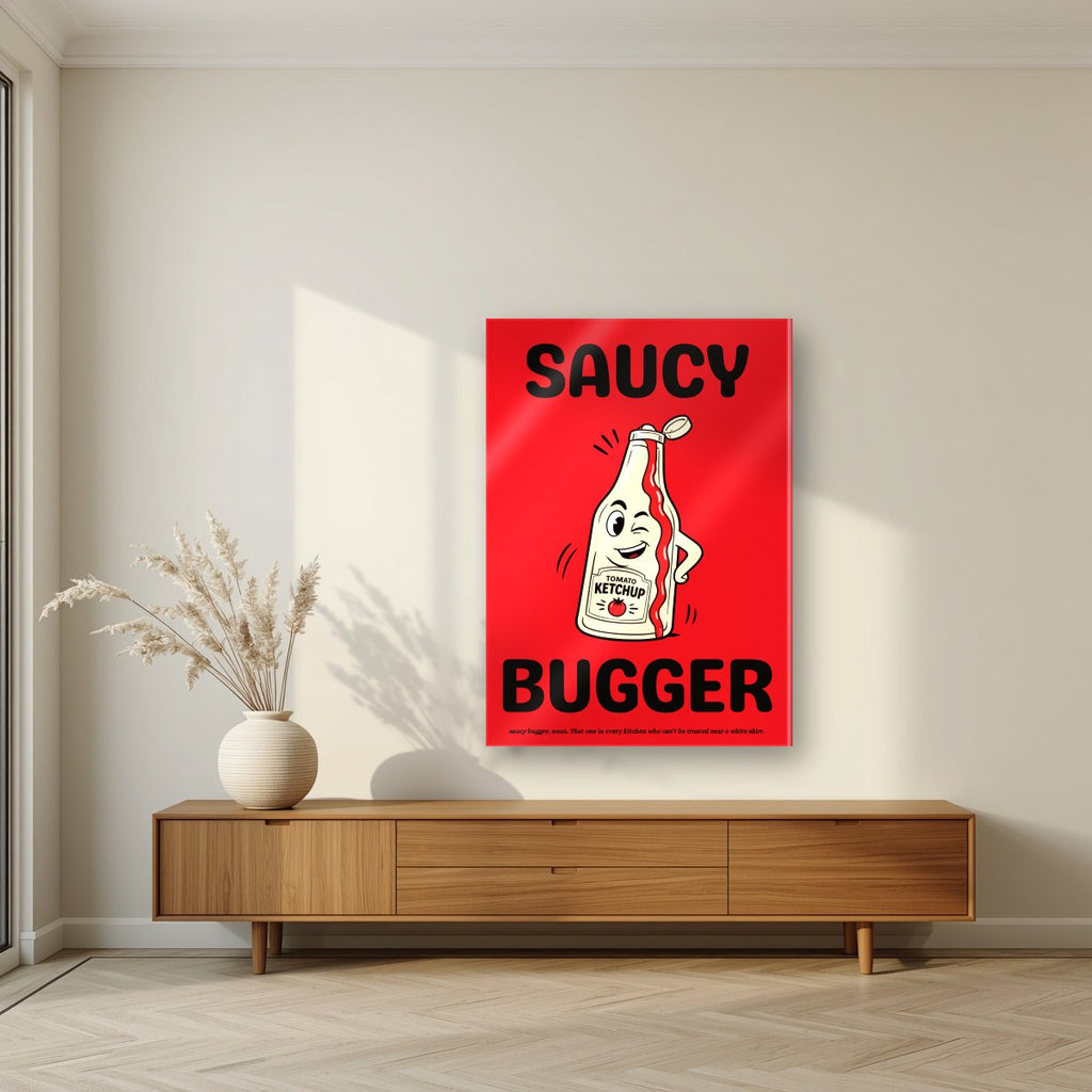 Saucy Bugger – Postbox Red art print, as an acrylic print, styled in a living room