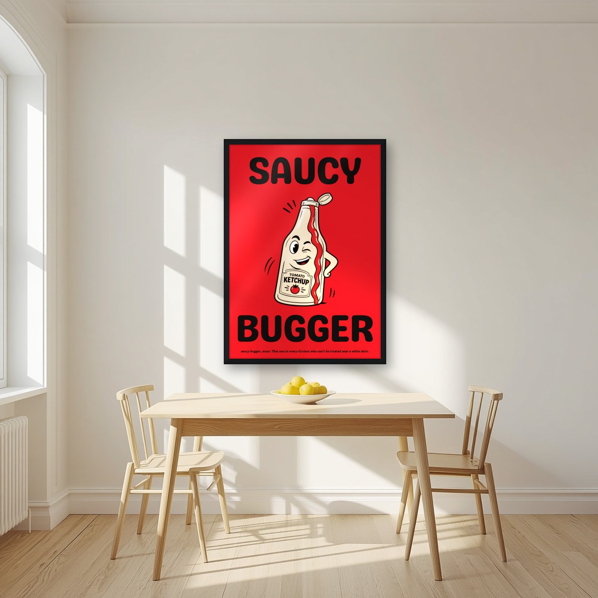 Saucy Bugger – Postbox Red art print, in a black frame, styled in a kitchen