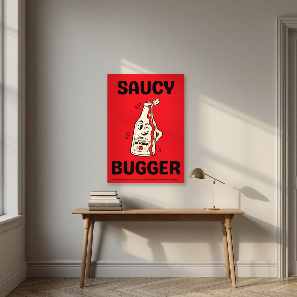 Saucy Bugger – Postbox Red art print, unframed poster, styled in a desk
