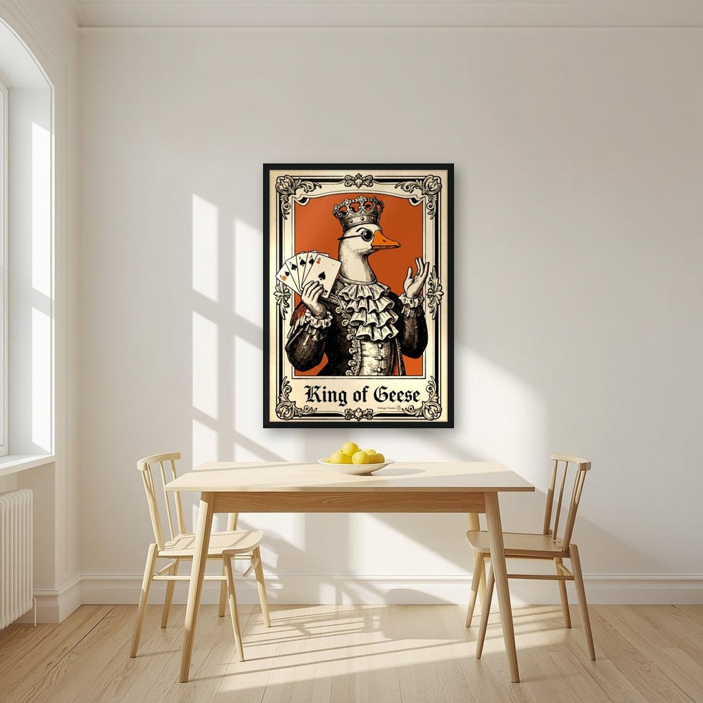 King of Geese – Burnt Amber art print, in a black frame, styled in a kitchen