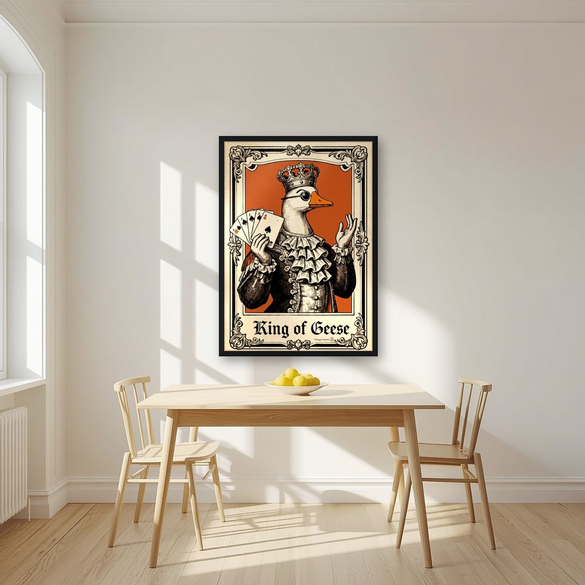 King of Geese – Burnt Amber art print, in a black frame, styled in a kitchen