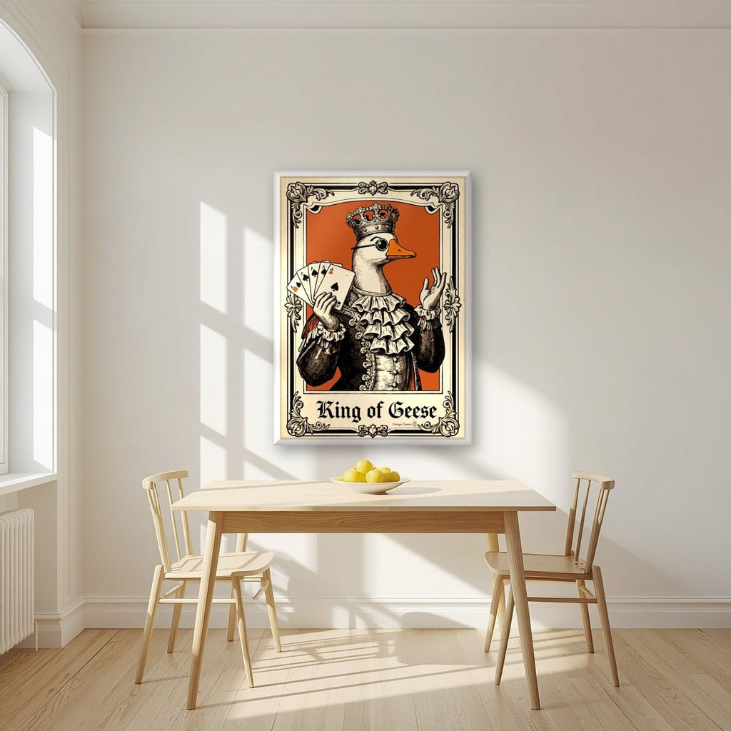 King of Geese – Burnt Amber art print, in a white frame, styled in a kitchen