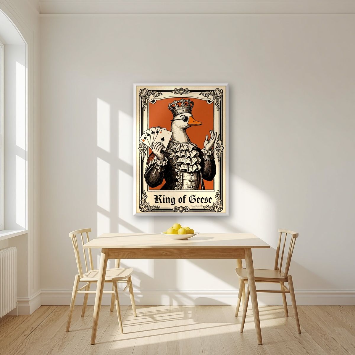 King of Geese – Burnt Amber art print, in a white frame, styled in a kitchen