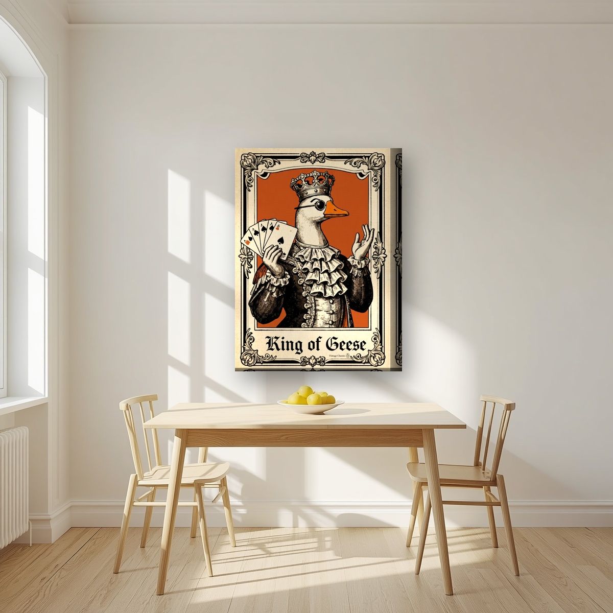 King of Geese – Burnt Amber art print, on thick canvas, styled in a kitchen