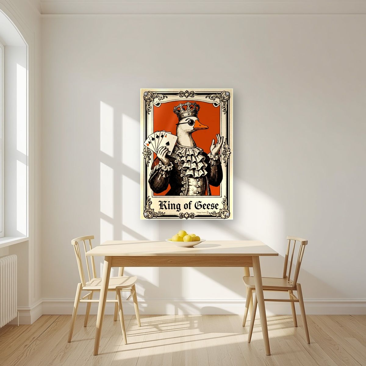 King of Geese – Burnt Amber art print, as an acrylic print, styled in a kitchen