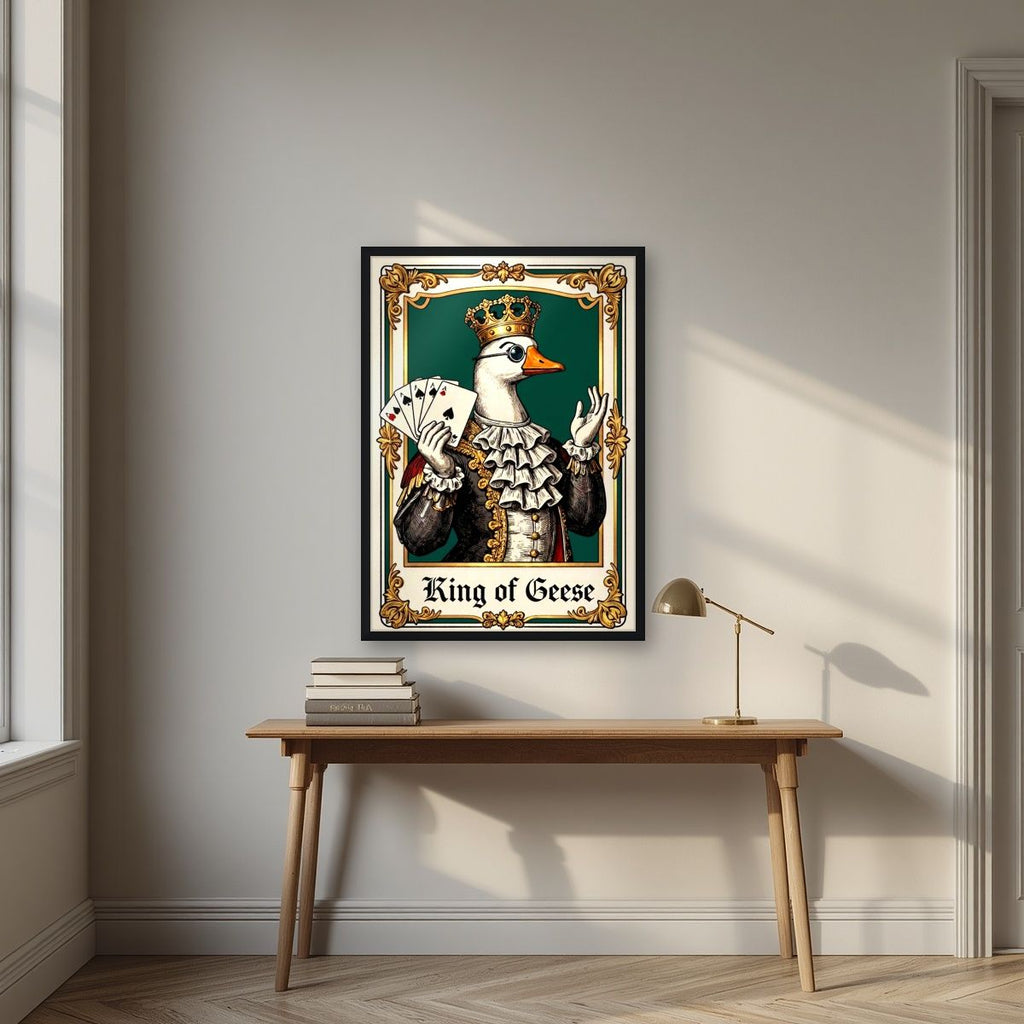 King of Geese – Emerald Baize art print, in a black frame, styled in a desk