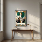 King of Geese – Emerald Baize art print, in a black frame, styled in a desk