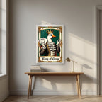 King of Geese – Emerald Baize art print, in a white frame, styled in a desk