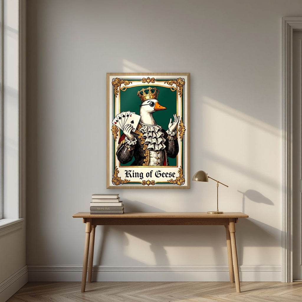 King of Geese – Emerald Baize art print, in an oak frame, styled in a desk